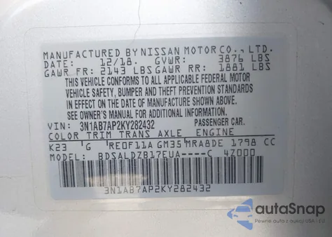 2019 Nissan Sentra Sv z USA, uszkodzony, nr VIN 3N1AB7AP2KY282432